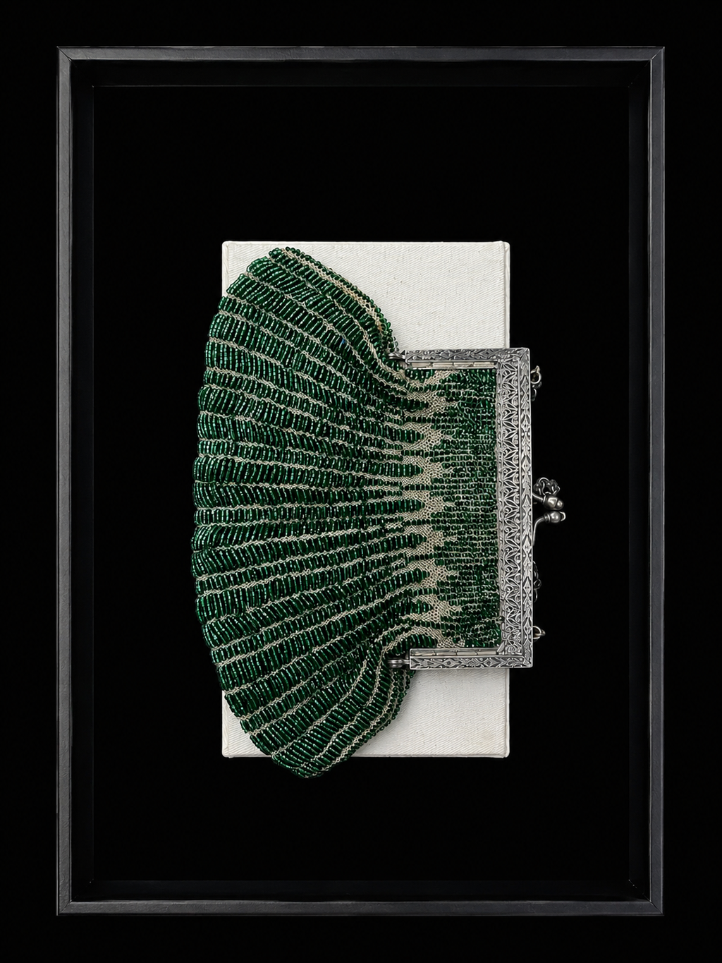 Antique Emerald Glass Beaded Reticule with Silver-Tone Frame, c.1900