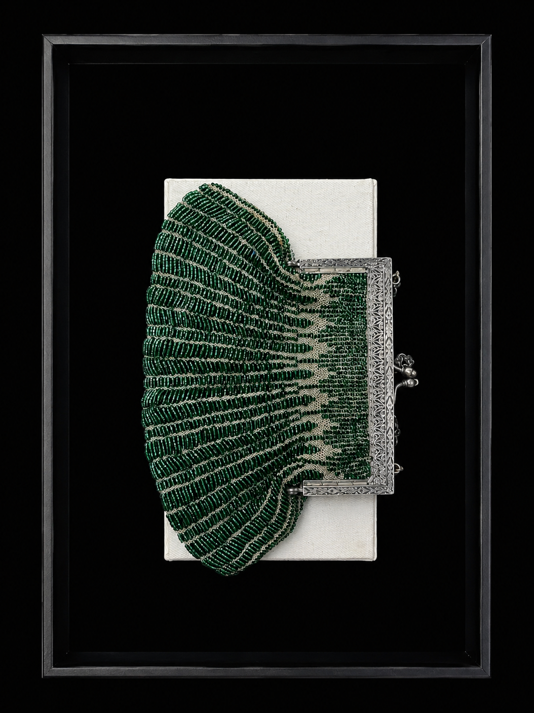 Antique Emerald Glass Beaded Reticule with Silver-Tone Frame, c.1900