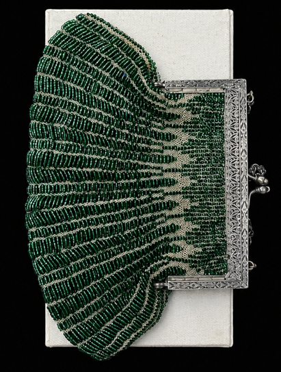 Antique Emerald Glass Beaded Reticule with Silver-Tone Frame, c.1900