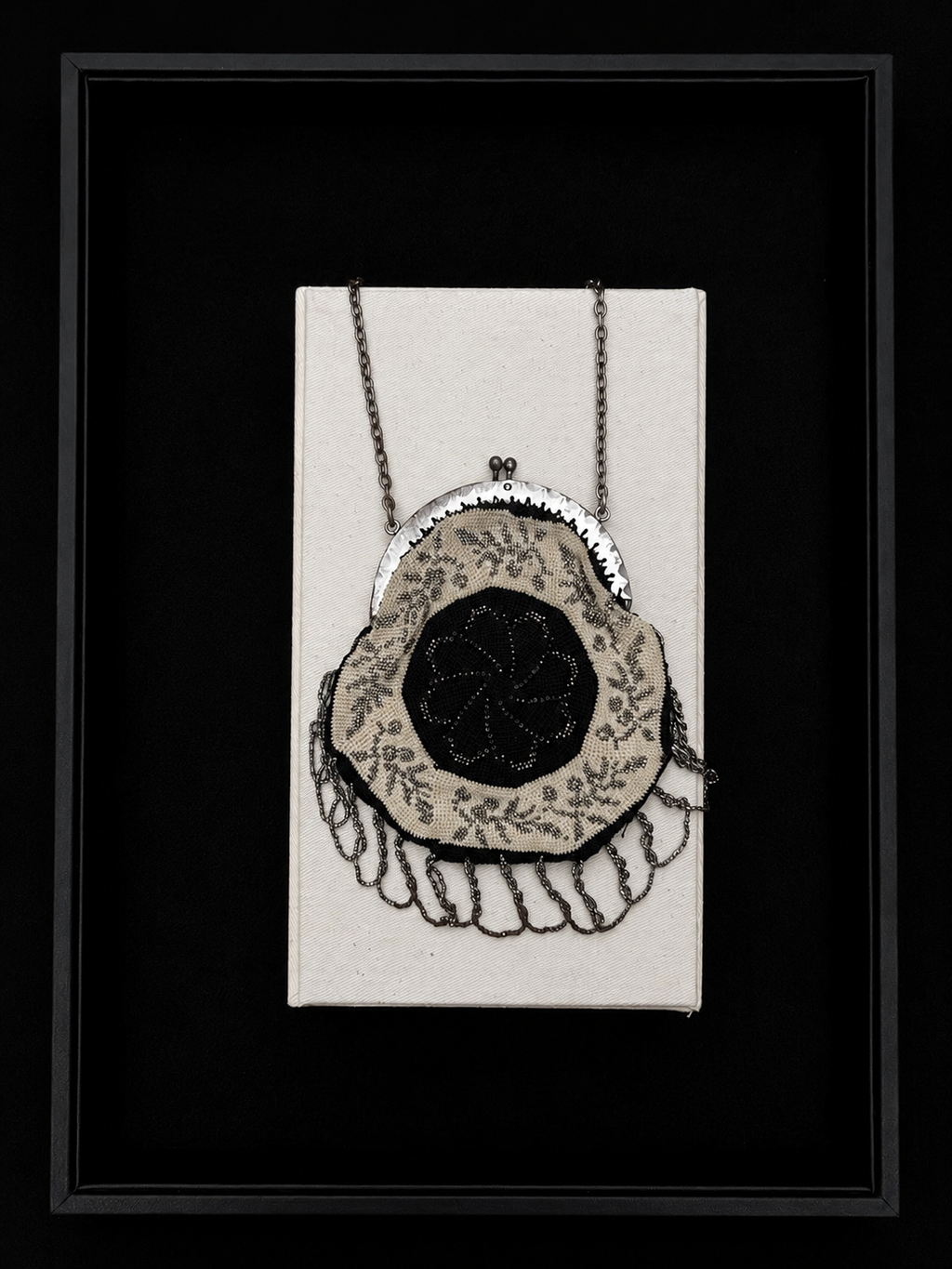 Cream & Black Floral Beaded Reticule