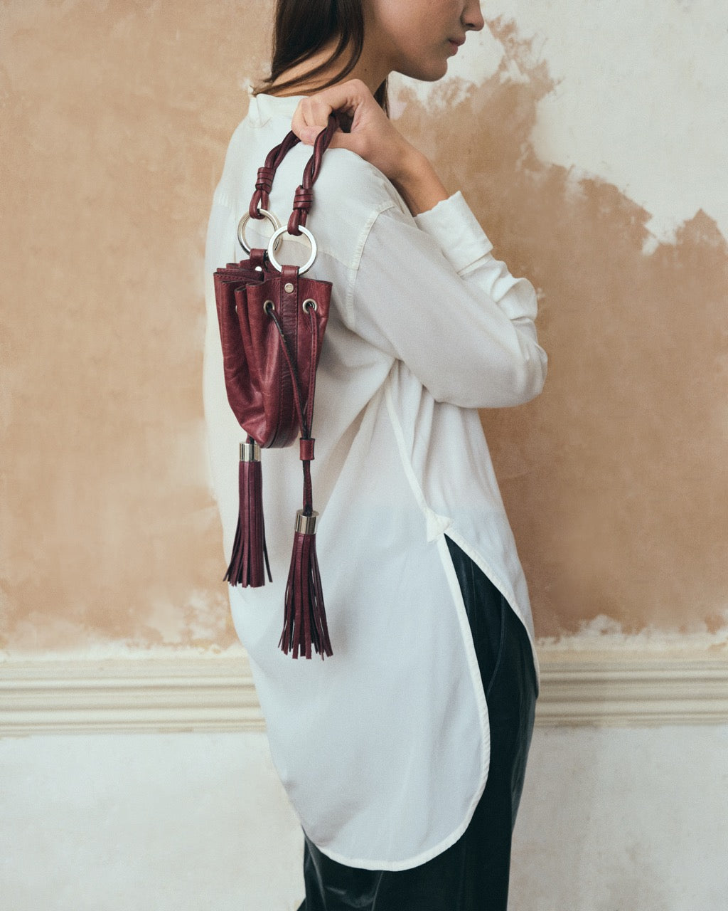 Vintage Givenchy Burgundy Leather Mini Bucket Bag with Tassel