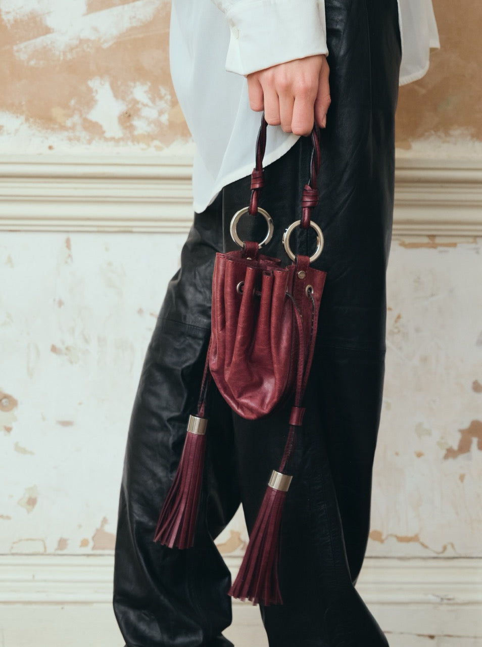 Vintage Givenchy Burgundy Leather Mini Bucket Bag with Tassel