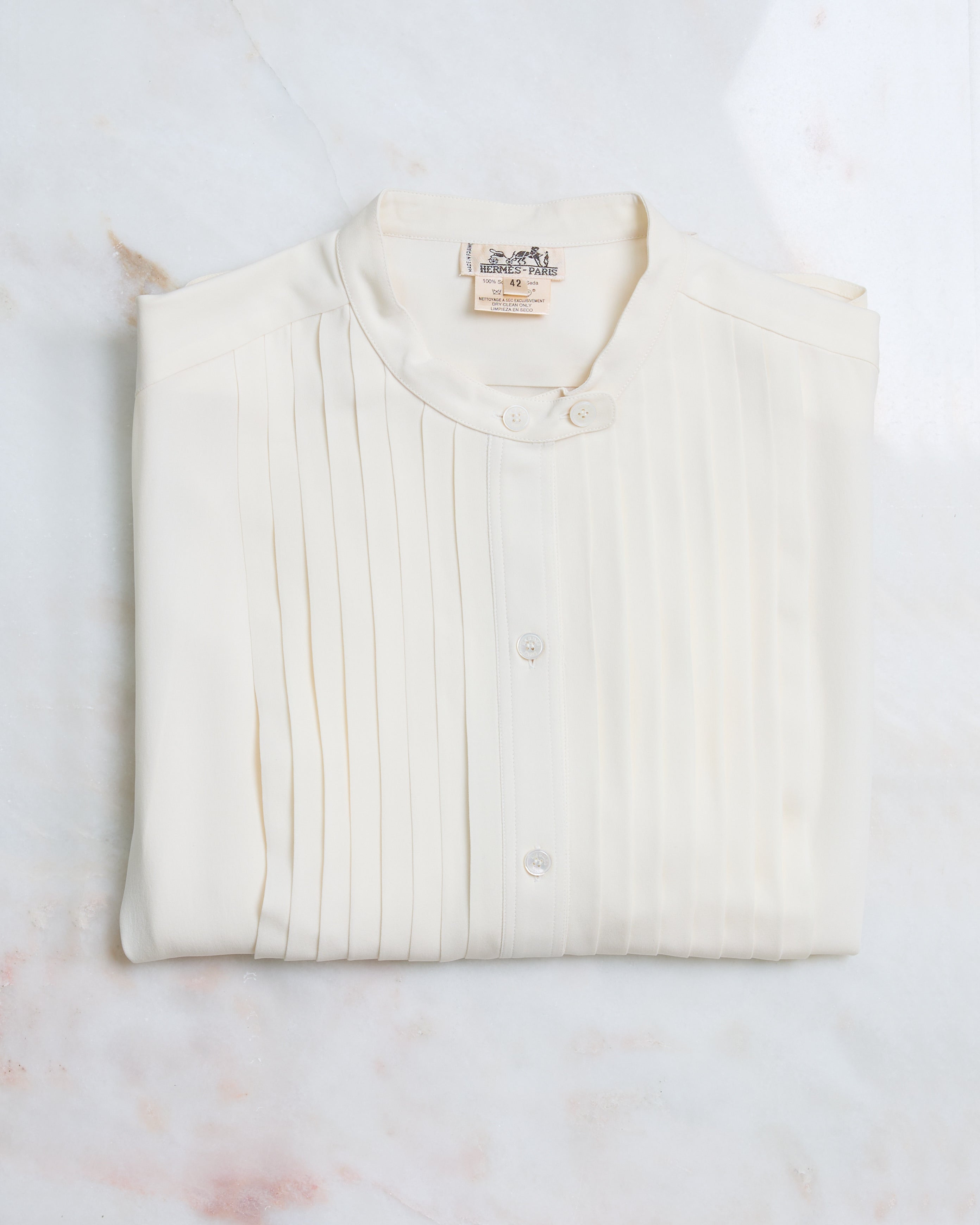 Hermès Pintuck Mandarin Collar Silk Blouse