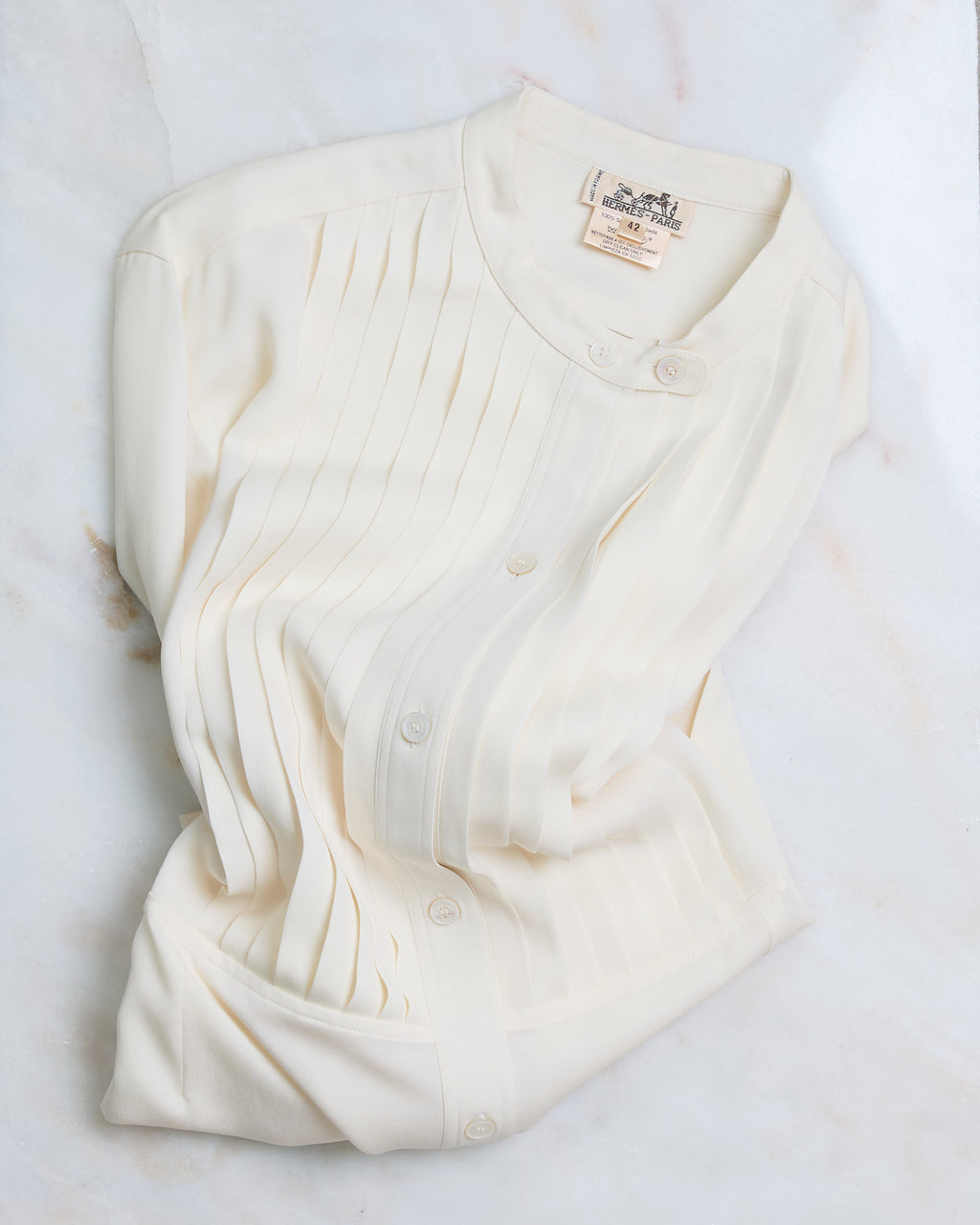 Hermès Pintuck Mandarin Collar Silk Blouse
