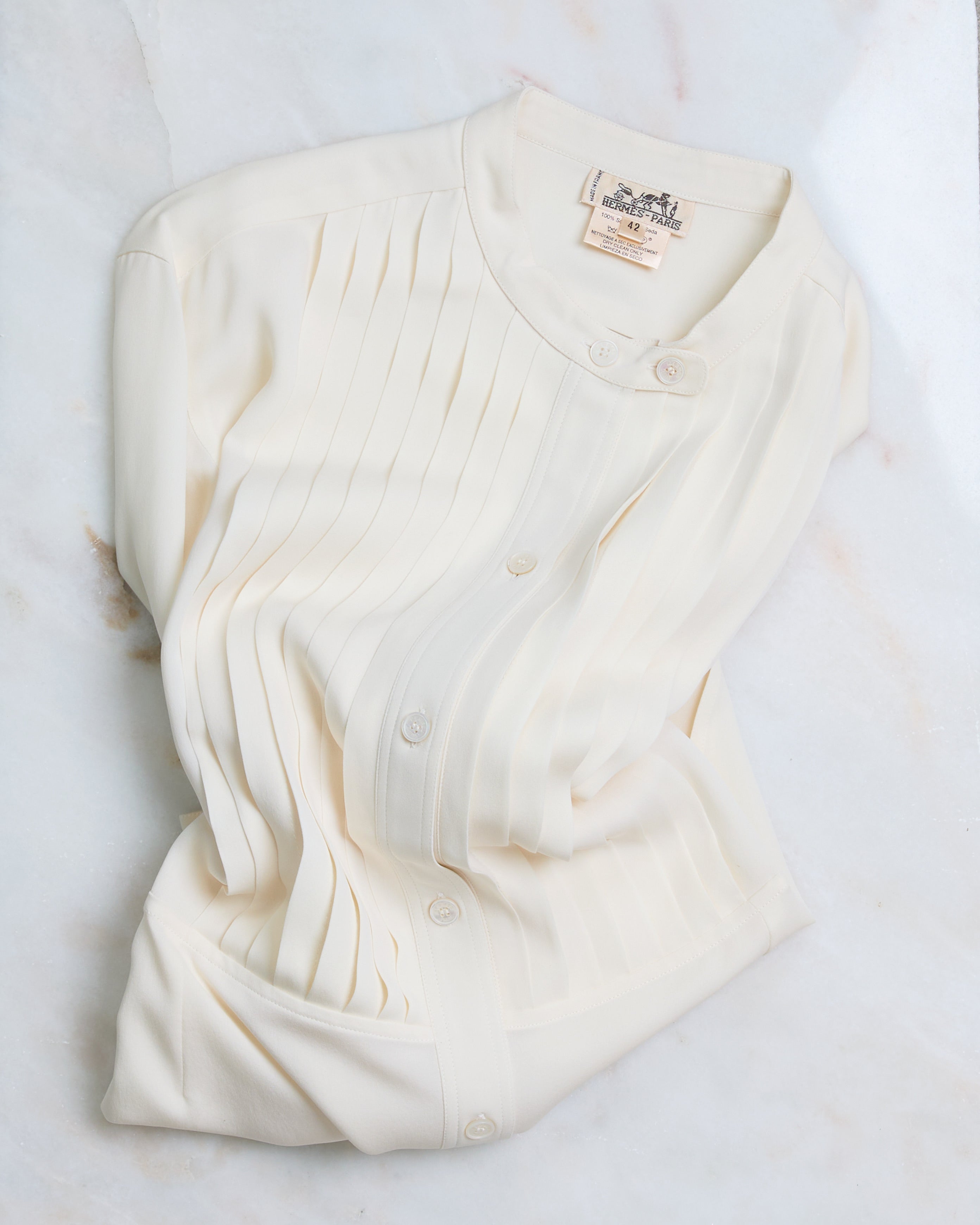 Hermès Pintuck Mandarin Collar Silk Blouse