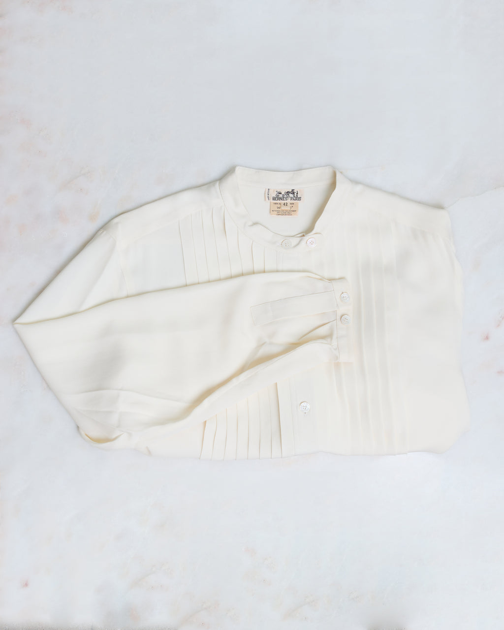 Hermès Pintuck Mandarin Collar Silk Blouse