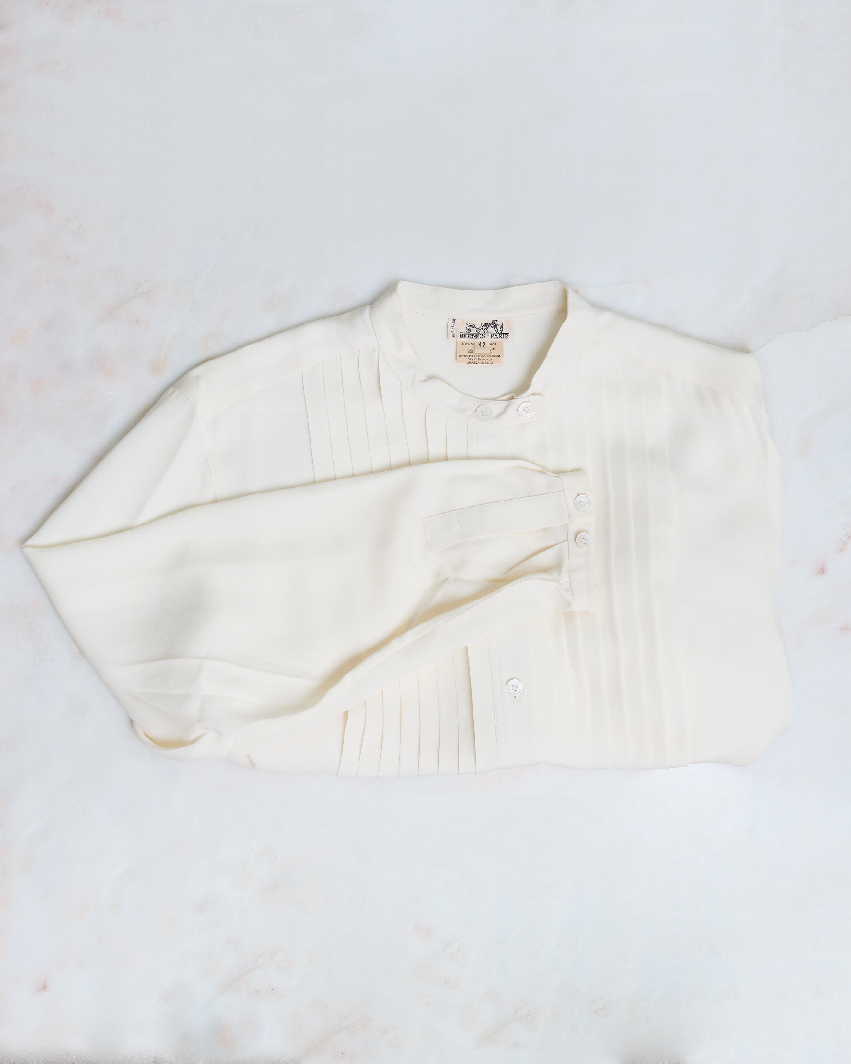 Hermès Pintuck Mandarin Collar Silk Blouse