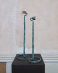 Brutalist Lance Cloutier Hand-Forged Verdigris Wrought Iron Candlestick Holders