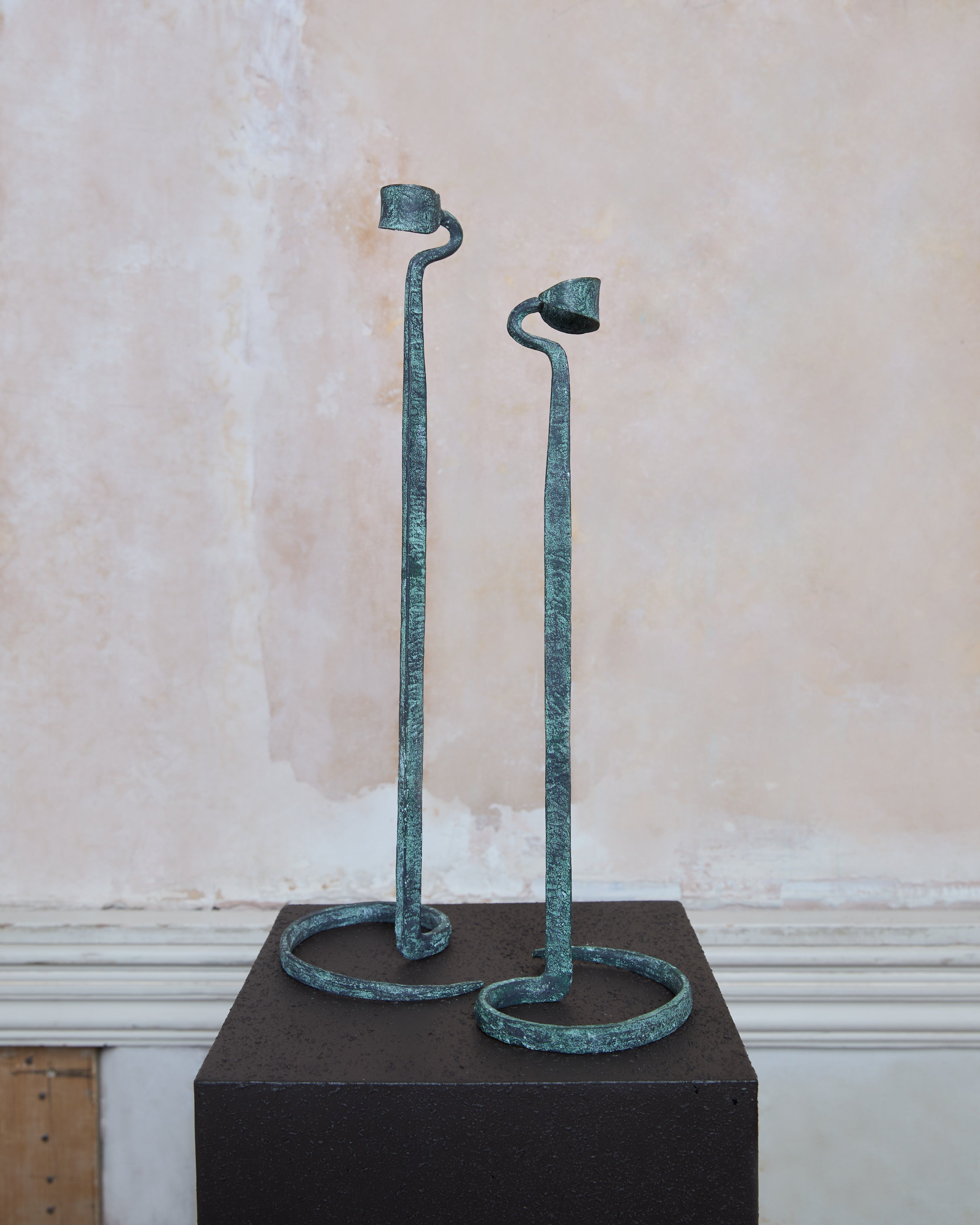 Brutalist Lance Cloutier Hand-Forged Verdigris Wrought Iron Candlestick Holders