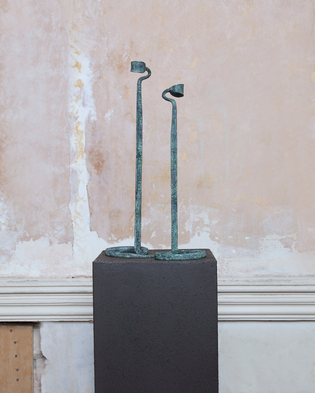 Brutalist Lance Cloutier Hand-Forged Verdigris Wrought Iron Candlestick Holders