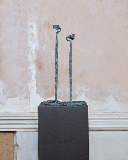 Brutalist Lance Cloutier Hand-Forged Verdigris Wrought Iron Candlestick Holders